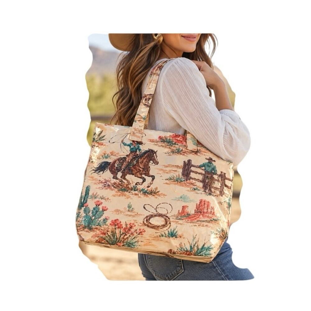 Western Cowboy Horse Tote Bag Rodeo Cactus Southwestern Glossy Ranch Purse